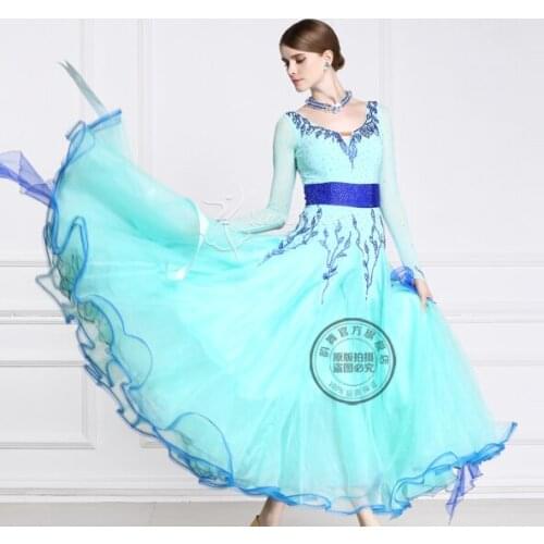 Customize rhinestone noble blue color long sleeve Fox trot Waltz tango salsa competition ballroom cha cha dance dress