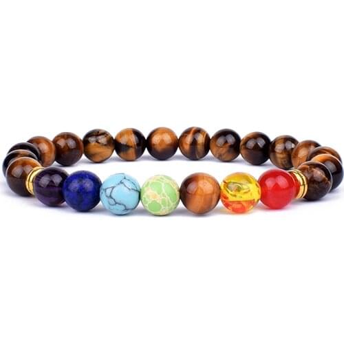 Natural Tiger Eye Stone 7 Chakra Bracelets & Bangles Yoga Balance Bead Buddha Prayer Elastic Bracelet Men pulseira Drop Shipping