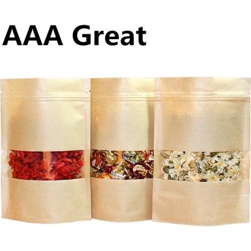 100Pcs/Lot Kraft Paper Pouches Favor Gift Bags Stand Up Food Zip Lock Packaging Coffee Bag Window Wedding Candy Packaging Bags