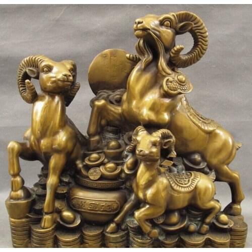Song voge gem S2982 16" Chinese Zodiac Bronze Wealth Treasure Bowl RuYi 3 Sheep Goat Family Statue