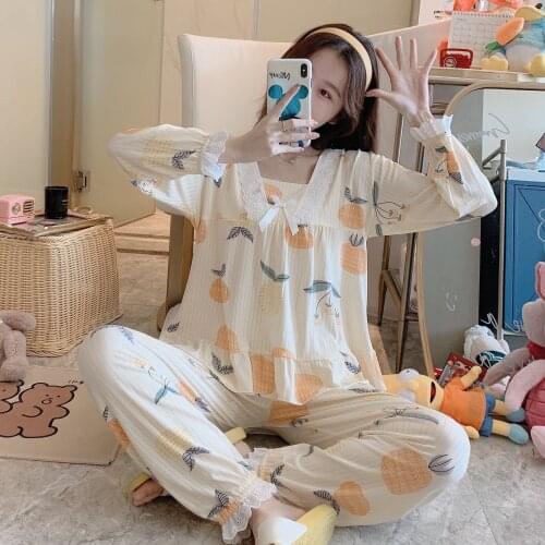 New Style Pajamas Womens Long-sleeved Thin Lace Sweet and Cute Princess Style Home Service Two-piece Suit Kawaii Pajama