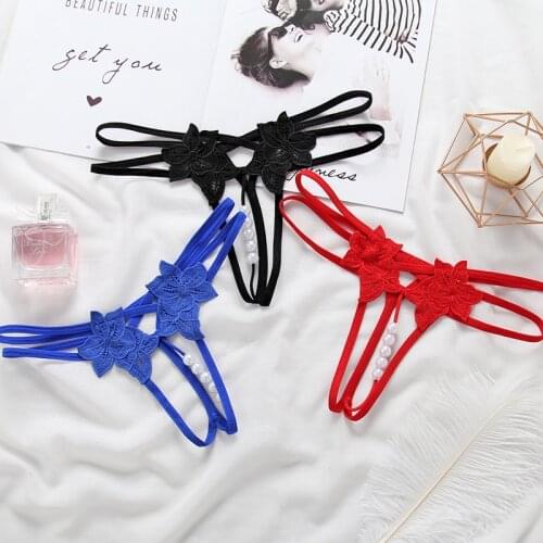 Sexy Hollow Out Hot Women Lingerie G-String Double Strap Pearl Massage Underwear Thong Solid Color Low Waist Temptation Panties