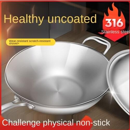 Flat non stick pan 36cm 6L big frying pan Stainless steel No coating No soot kitchen pan Long handle Gas cell general oven