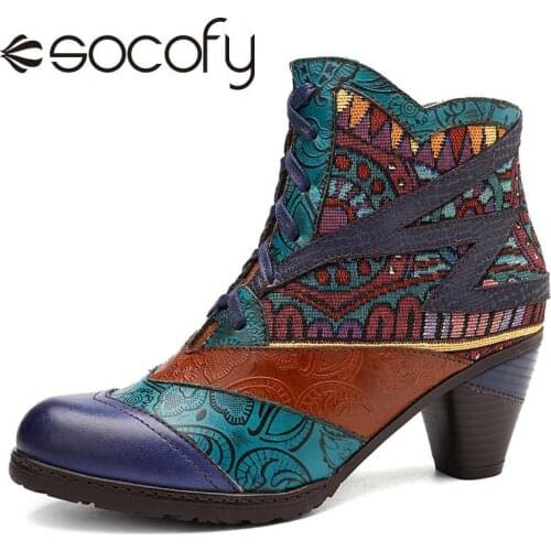 SOCOFY Bohemian Splicing Pattern Block Zipper Ankle Leather Boots Hoof Heels Casual Retro Boots ANKLE Womens Short Boots