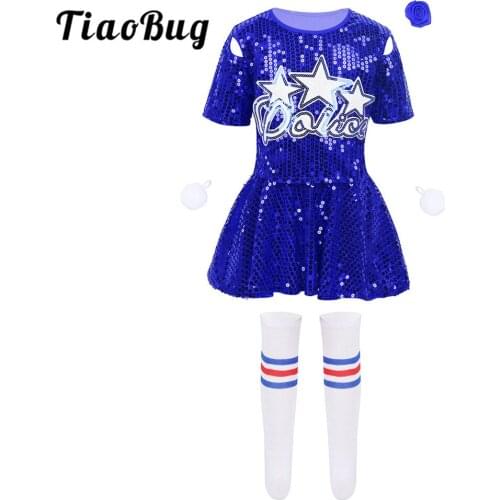 TiaoBug Kids Girls Stage Performance Team Dance Costume Sequins Crop Top with Skirt Shorts Flower Socks Set Cheerleading Uniform