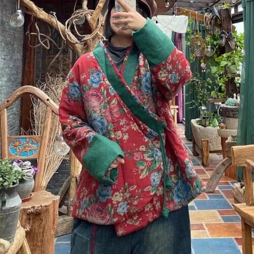 Johnature Women Chinese Style Belt Parkas Cotton Linen Print Floral Coats V-Neck Long Sleeve 2021 Spring New Loose Red Parkas