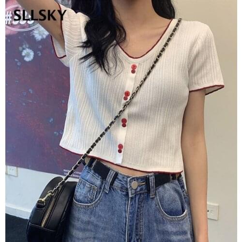 SLLSKY Casual Patchwork Women T-shirt Short Sleeve Single Breasted Female Tops 2021 Summer New V-Neck Knitted Slim Lady Tee
