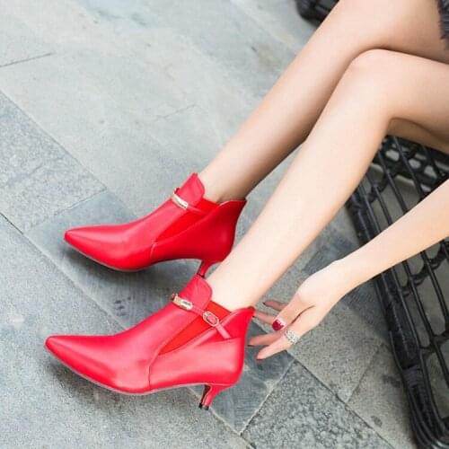 PXELENA Hot Women Thin Med Heels Ankle Boots Metal Decor Pointe Toe Slip On Office Ladies Short Boots Black White Red Plus Size