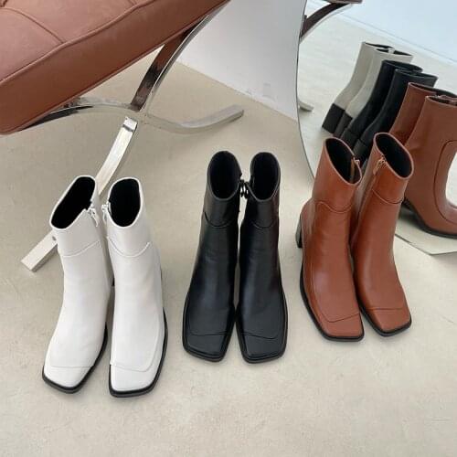 Womens boots 2021 summer and autumn new square head simple temperament thick heel ankle boots side zipper fashion thin short bo