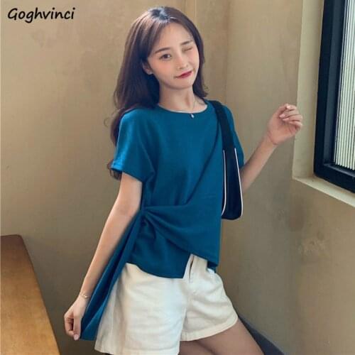 T-shirts Women Short Sleeve O-neck Solid Asymmetrical Korean Style Simple Design Loose Leisure Elegant Vintage Ladies Fashion