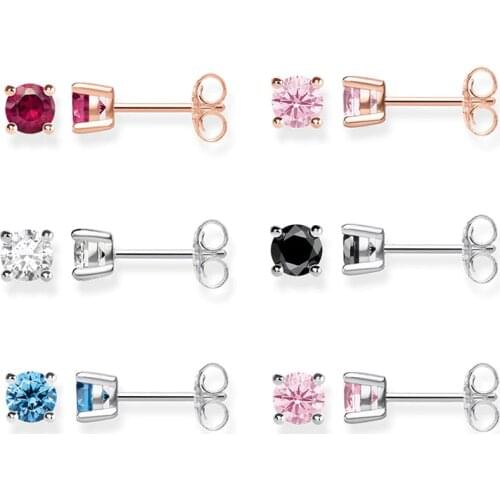 Cute Small Pink/White/Red/Blue/Black Stone Stud Earrings 925 Sterling Silver Vintage Ear Jewelry Women Men Wholesale Gifts