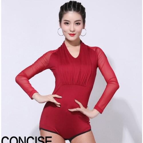 Latin Dance Clothing New Long Sleeve Bodysuit Red Elastic Dance Tops Women Performance Practice Tops Adult Dance Costume 1468