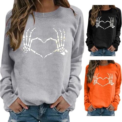 Halloween simple creative round neck bone hand love long sleeve fashion loose womens sweater trend crewneck sweatshirt tops