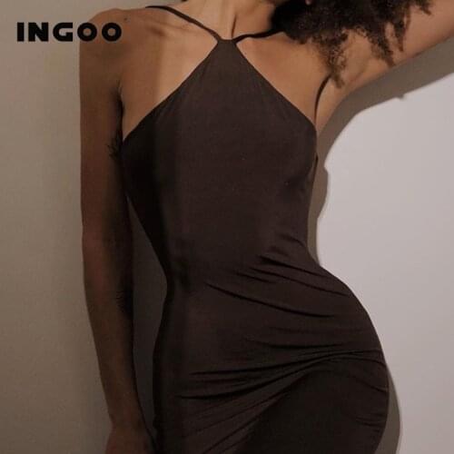 INGOO Sexy Halter Spaghetti Strap Slim Midi Dress Women Long Backless Bodycon Pleated Stretch Dresses Elegant Party Club Vestido