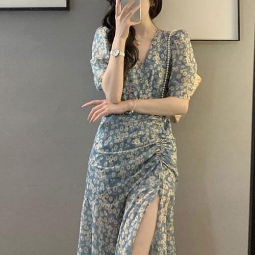 2021 French Retro Floral Dress Summer Women Short Sleeve Printed Dress Korean Chiffon Plus Size V Neck Dresses for Women 15252