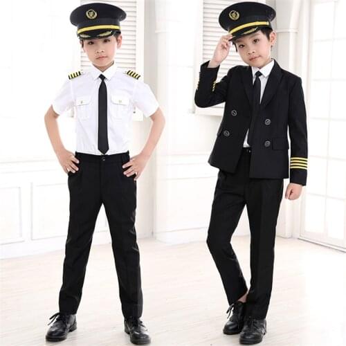 90-160cm Kids Pilot Costumes Carnival Halloween Party Wear Flight Attendant Cosplay Uniforms Children Aircraft Captain Clothes