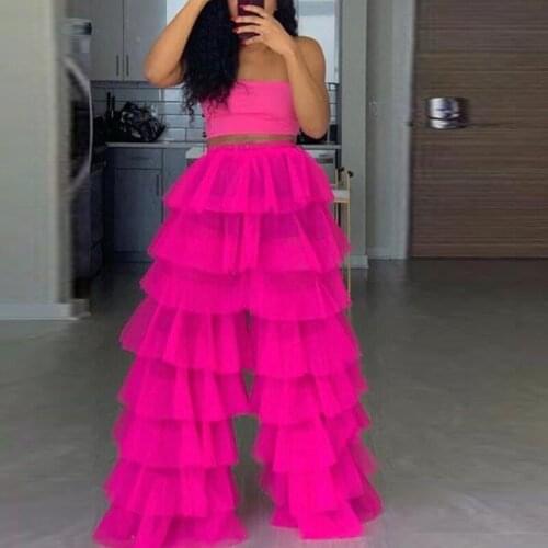 2020 Fuchsia Tulle Pants Layered Formal Jupe courte Tiered Tulle Long Evening Dresses High Waist Layered Tulle Pants Custom Made