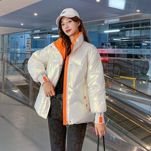2021 Womens Winter Down Jacket With Zipper Stand-up collar Korean Style Loose Padded Shiny Glossy Thick Warm Female Cold Coat