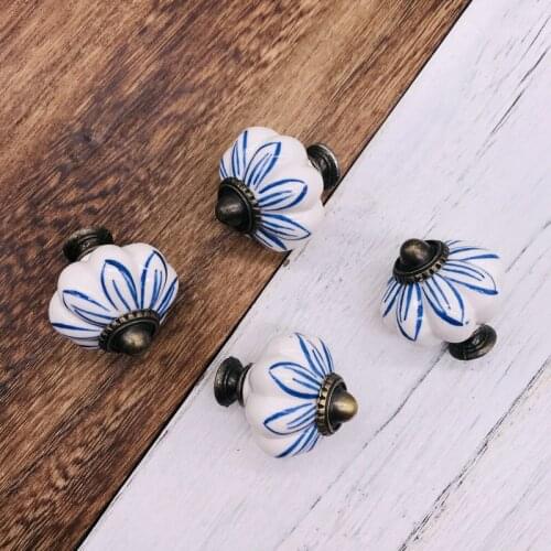 8x White Ceramic Door Handle Printed Blue Line Drawer Pulls Kid Children Room Vintage Cupboard Kitchen Cabinet Handles and Knobs