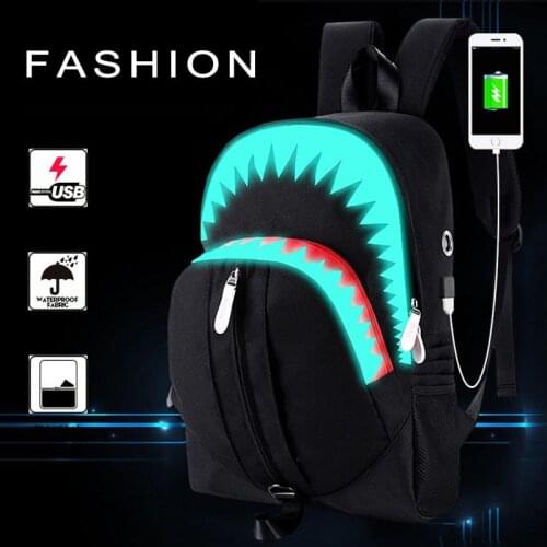 Big Mouth Shark Luminous waterproof School Backpack for Boys and Girls Men USB Charge Travel Bolsa Mochila Student School Bags