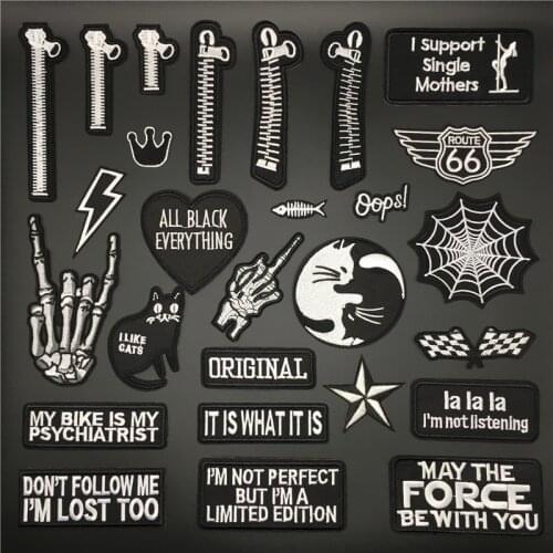 Black and White Zipper Text Patches for Clothes Stripes Iron on Appliques Letters Embroidery Badges Sewing Clothing Stickers