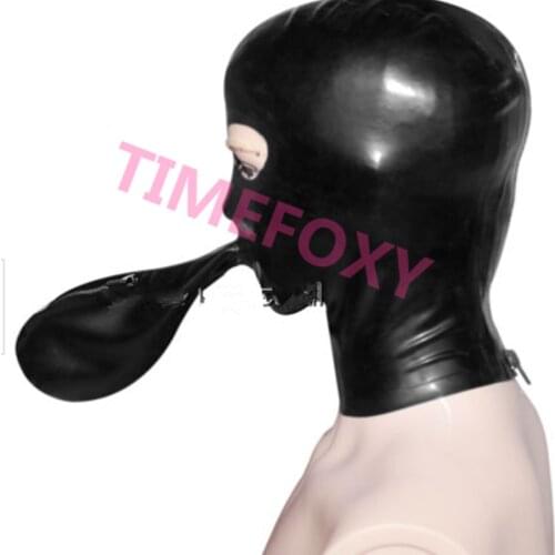 Black Latex Hood With Bag Zipper At Back Open Eyes Nose Rubber Mask Plus Size
