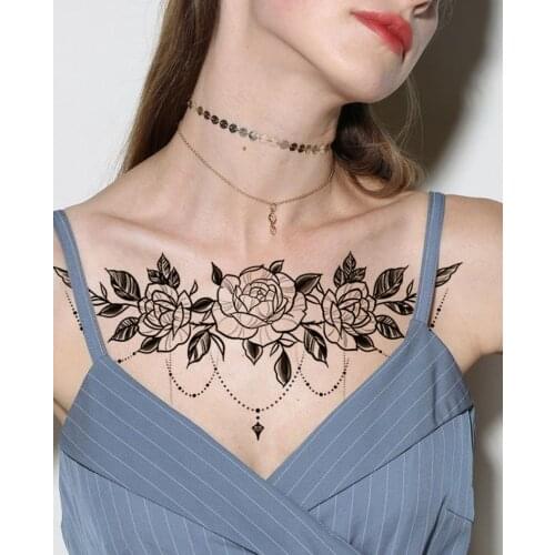 Black Jewelry Diamond Necklace Rose Shape Women Girls Sexy Temporary Tattoo Stickers Waterproof Fake Tatoos Body Chest Art