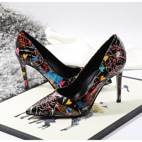 DDYZHY Artistic Graffiti Print Women Sexy Stiletto High Heels Black Ladies Party Pointed Toe Pumps Shoes Customized Accept