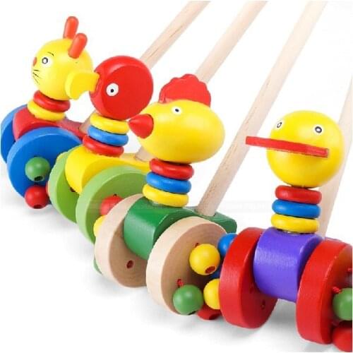 Children Educational Toys New Cartoon Animal Stroller Wooden Single Pole Trolley