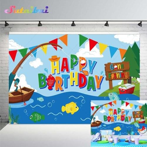 Gone Fishing Theme Backdrop Sea Ship Fish Hook Kids Boys Fishing Birthday Party Banner Photography Background Photo Booth Studio