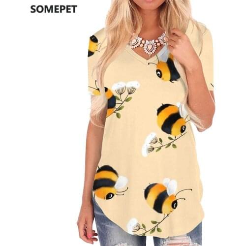 SOMEPET Bee T Shirt Women Animal V-neck Tshirt Flower T-shirts 3d Lovely Tshirts Printed Womens Clothing Hip hop Loose New