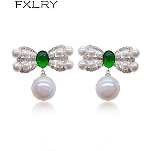 FXLRY Elegant Fashion White Color AAA Cubic Zircon Pearl Butterfly Eearring for Women Wedding Jewellery