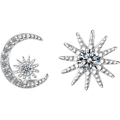 KOFSAC New Fashion 925 Silver Stud Earrings For Women Shiny Crystal Micro-Inlay CZ Asymmetric Moon Stars Earring Jewelry Brincos