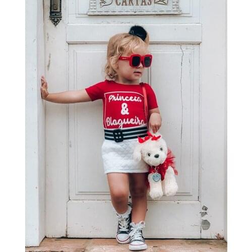 Little Girls 2-Piece Clothes Set Summer Cozy Letter Pattern Outfit Round Neck Short Sleeve Shirt Solid Color Short Hip Skirt Set