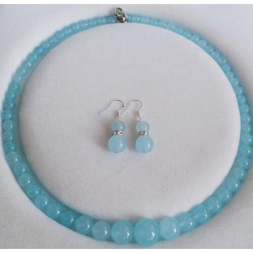 New hot 6-14mm Brazilian Aquamarine Round Beads Necklace Earrings Set 18" AAA