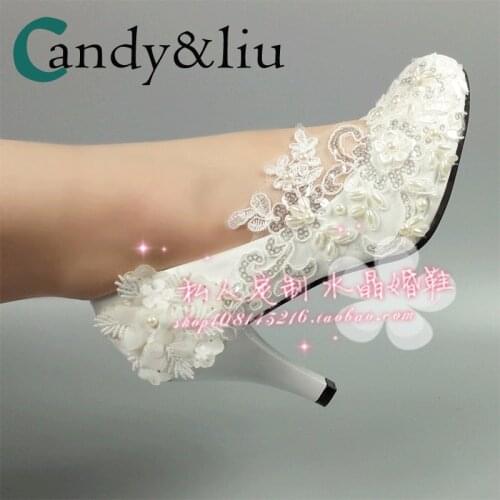 Lace flower bride wedding shoes super high heel round head waterproof table pearl water drill