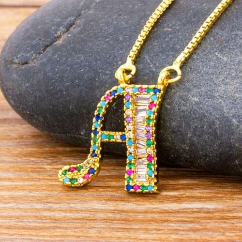 Hot Sale Rainbow Zircon Pendant Necklaces Initial 26 Letters Charm Gold Color Name Necklace Copper CZ Statement Fashion Jewelry
