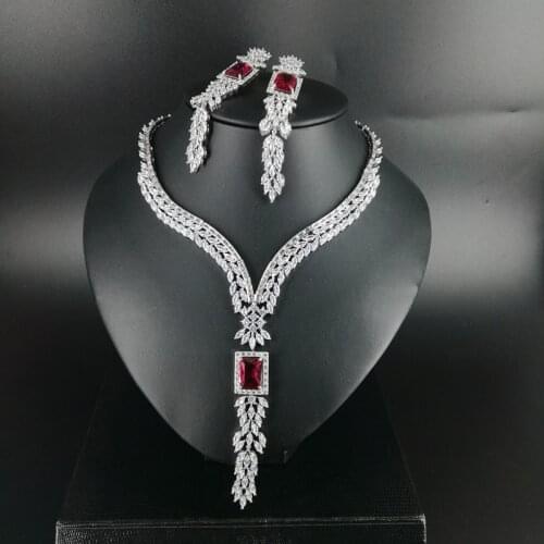 NEW FASHION romantic V style red square zircon necklace earring wedding bride banquet formal dress jewelry set free shipping