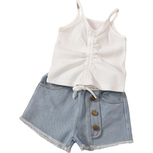 OPPERIAYA 2Pcs Kids Summer Tracksuit Baby Girls Ribbed Spaghetti Strap V-Neck Drawstring Vest Denim Shorts 18 Months to 6 Years