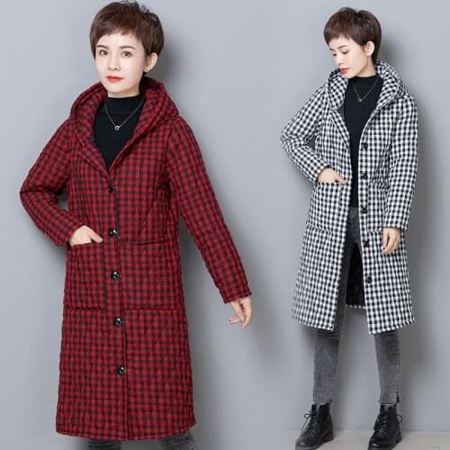 Autumn Winter Middle-aged lady Plaid Hooded Jacket Warm Long Cotton Overcoat Coat Single-breasted Plus size Loose Female Jackets