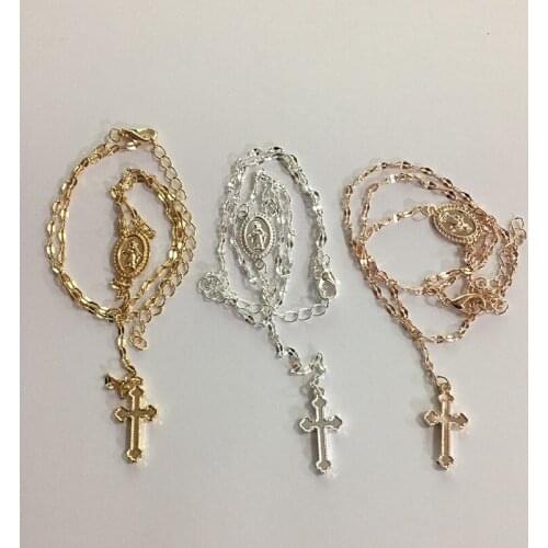 Religious Christian Jesus cross charm 16 inches + 4 inches length rose gold rosary double pendant choker necklace unisex