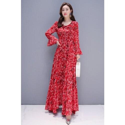 Chiffon printed vestidos women 2020 spring summer new foreign horn sleeve long sleeve Fashion Slim big swing floral dresses D181