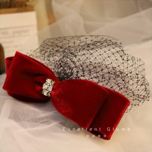 Bridal Red Vintage Butterfly Bow Mesh Face Cover Hairpin Wedding Dinner Party Hair Accessories Hair for women