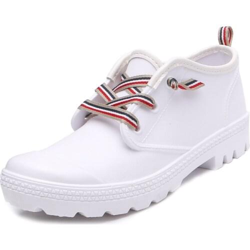 TONGPU Low Cut Lace-Up Womens Skateboard Style White Rain Boots 126-403