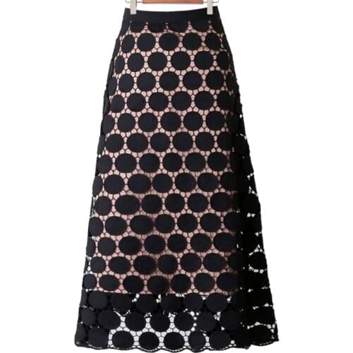 Spring Summer New Pattern High Waist Solid Patchwork Lace Dot hollow out Mesh slim a-line Skirt