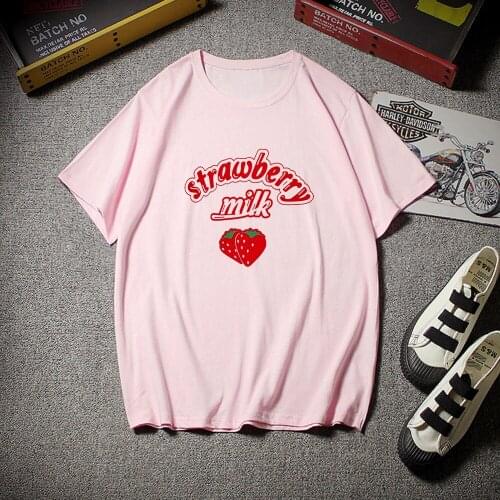 Sweet Strawberry Milk Cute Cartoon Graphic Pink Girls Summer Streetwear Casual Top Japan Fun Kawaii Casual Vintage Women T Shirt