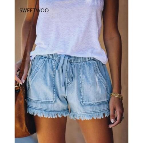 2021 Summer Fashion Womens European and American Elastic Waist Tie Casual High Waist Slim Denim Shorts Women