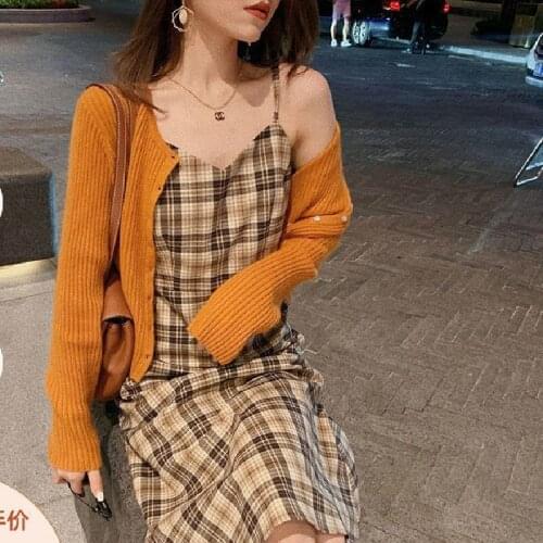 Summer Dress Womens 2021Plaid Strap Dress Sexy Sling V-Neck Waist Maxi Dress Ladies A-Line Party Slim Retro French Dress