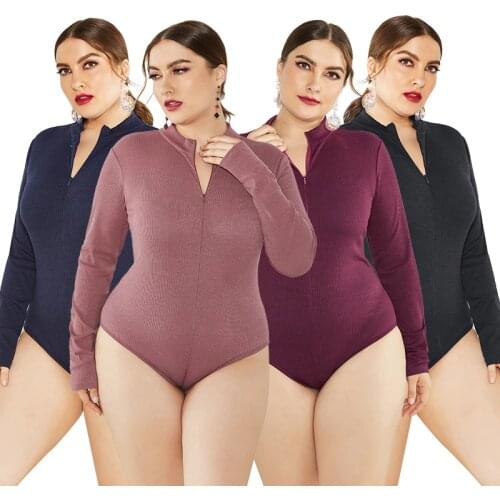 Plus Size Women 5XL Stand Collar Long Sleeve Zipper Knitted Sweater Bodysuits 2019 Autumn Winter New Solid Casual Office Rompers