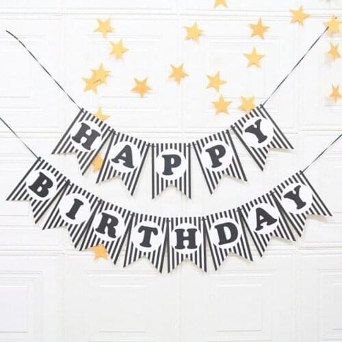 1set Newest Paper Bunting Black White Stripes Garland Happy Birthday Banner Simple Party Supplies